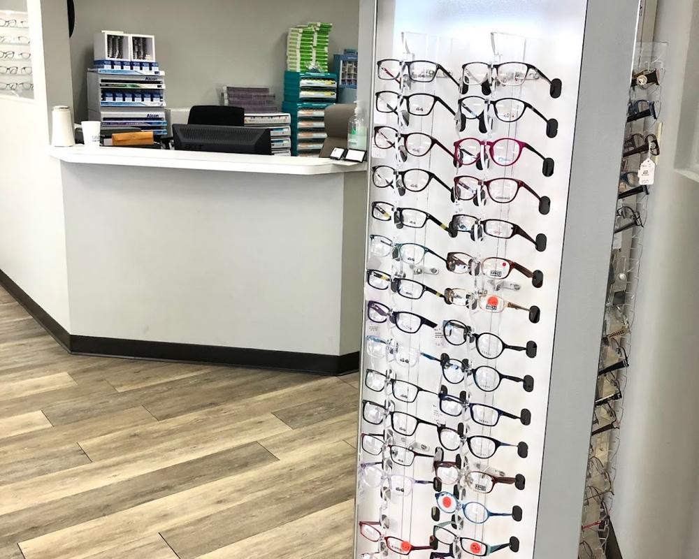 Eyeglass frames on display beside the front desk at Insight Eyecare & Optical